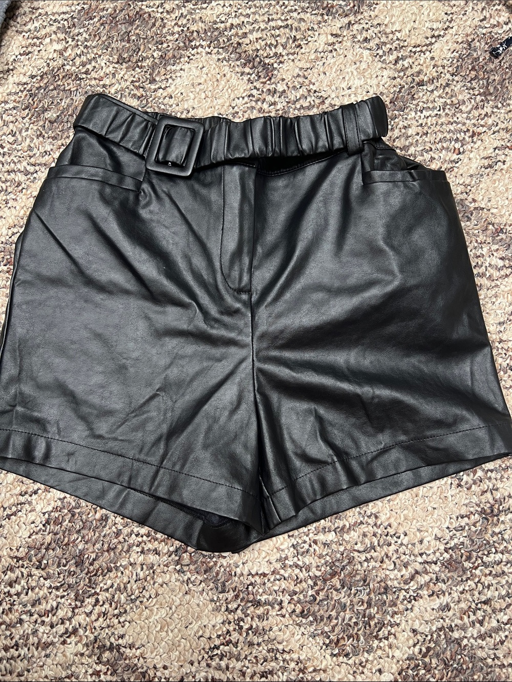 New York & Company Black Faux Leather Paperbag Waist Shorts with Belt